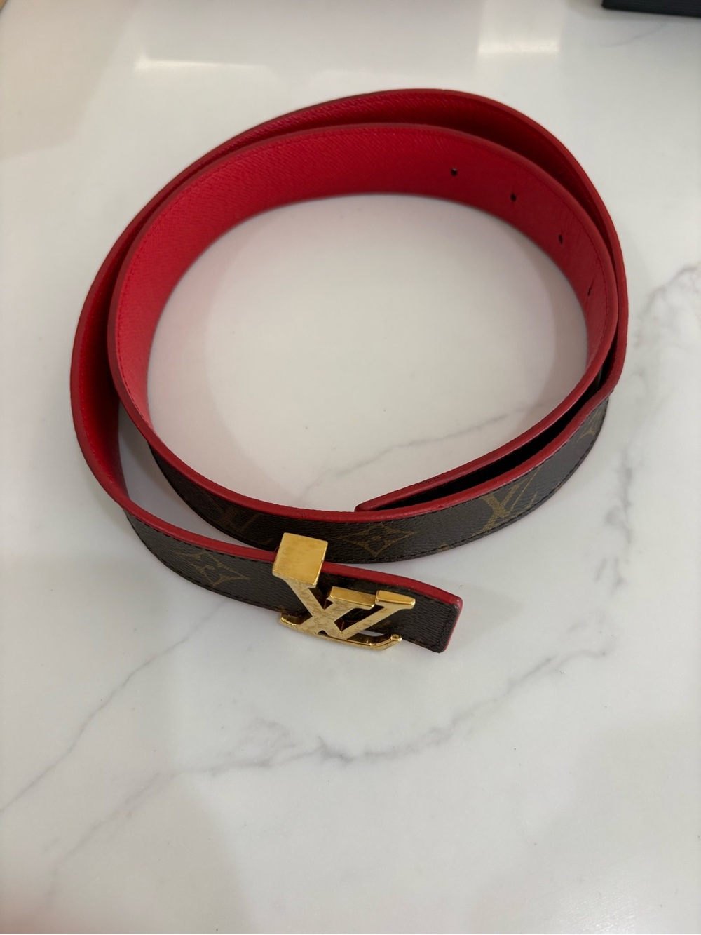 Louis Vuitton Brown Monogram Belt with Red Interior and Gold Buckle